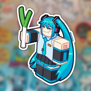 May include: A sticker featuring a cartoon character with turquoise hair and a school uniform, holding a green onion. The character has a smiling expression and is wearing headphones. The sticker has a white border.