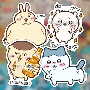 May include: A collection of cartoon stickers featuring various characters. One is a beige bunny with the word "una". Another is a white bear with the text "do you fw me??". A third is a pudding character holding a beer bottle with the text "¿QUIERES?". The last is a white cat.