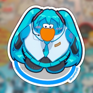 May include: A sticker featuring a cartoon penguin character with teal hair and a headset, dressed in a white vest and blue tie. The penguin has an orange beak and blushing cheeks. The sticker has a white border with the text "SEVENGEARS".