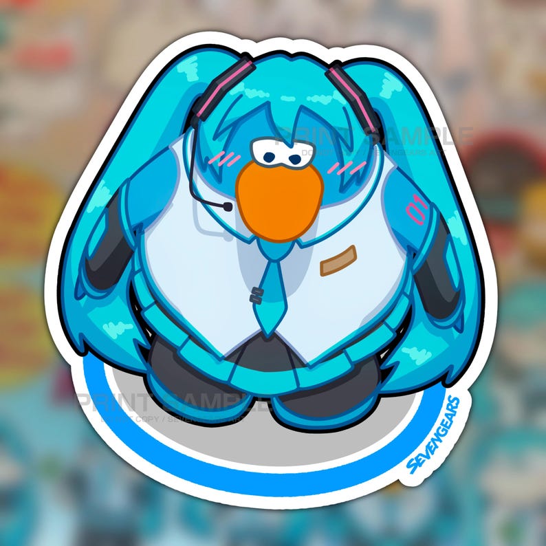 May include: A sticker featuring a cartoon penguin character with teal hair and a headset, dressed in a white vest and blue tie. The penguin has an orange beak and blushing cheeks. The sticker has a white border with the text "SEVENGEARS".