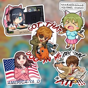 May include: A collection of anime-style stickers featuring various characters and phrases. One sticker shows a girl with headphones at a computer, with the text "girl failure." Other stickers include "AMERICA-YA :D" and "THE ATF!!!."