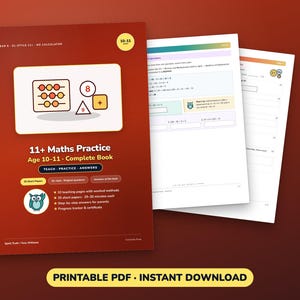 Könnte beinhalten: Ein rotes 11+ Mathe-Übungsbuch für 10- bis 11-Jährige mit einer Abakus-Illustration, einem Eulen-Symbol und Text zu 20 kurzen Tests, Lehrseiten und Lösungen. Zwei Innenseiten zeigen mathematische Aufgaben und ein Etikett für den PDF-Download.