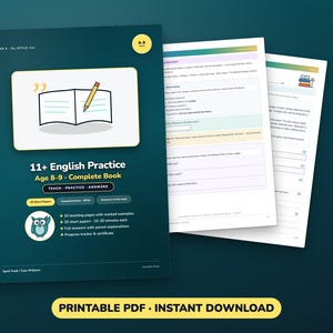 May include: A dark teal 11+ English Practice book for ages 8-9 featuring a white graphic of an open book and pencil. The cover includes an owl icon, text detailing 20 short papers, and a yellow badge. Two interior pages with text are visible behind it.