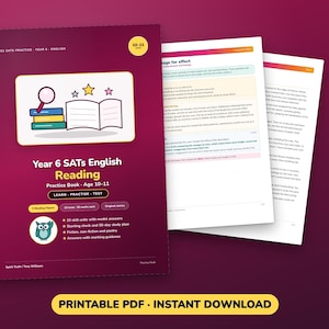 Pode incluir: Um livro de exercícios de leitura em inglês para o Year 6, de 10 a 11 anos, com uma capa vermelho-escura apresentando uma lupa, um livro aberto e estrelas. A capa inclui um ícone de coruja, detalhes do plano de estudo e duas páginas de exemplo.