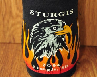 Vintage Sturgis SD Coozie 2004 Black w/Eagle & Flames Can Bottle Drink Holder Biker Rally Memorabilia Collectible Koozie Barware Mancave