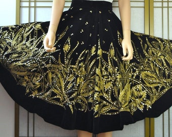 Vintage Womens Full Circle Skirt Black Velveteen With Gold Sequins