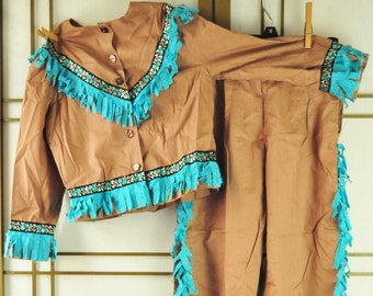 Vintage 50s 60s Boy/Girl Western Indian Southwestern Outfit Handmade Costume/Fringe Trimmed Shirt & Pants/2 Piece Set As is Display Pattern