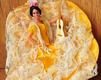 Authentic Souvenir Doll made in Spain Festive Flamenco Clothing Holding Guitar Gold w/white Lace Costume Trianeria 60s 70s Female Figurine