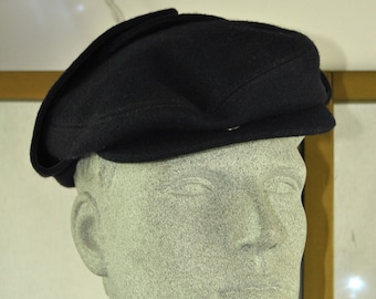 Vintage Golfers Cap Mens Womens 70s Beret Sportswear Newsboy Costume Hat Flat Driving Cap Wool Countryman UK Britain sz 7 Ear Flap Black