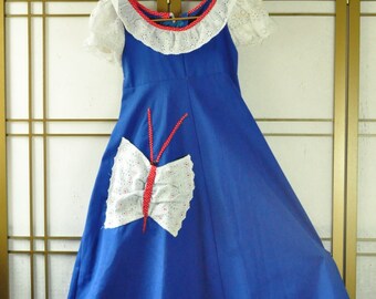 Vintage Girls Dress OOAK Alice in Wonderland Style Full Length Blue Handmade Lace Trim Holiday Retro Halloween Costume Child Kids 6 or 7