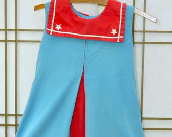 Vintage Girls Dress Nautical Theme Blue w/Red Collar & White Stars 70s does 20s Sailor Shirley Temple Costume Pageant size 8 King Kole Togs