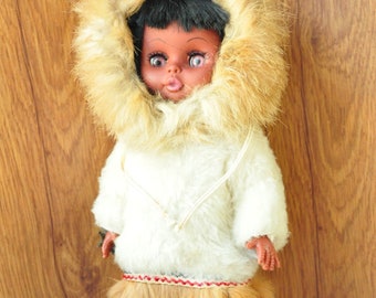 Vintage Eskimo Inuit Doll w/Fur Trim Alaskan Souvenir Sleepy-eyed 60s 70s Display Decor 11" Doll Moveable Head Arms Winter Indigneous Native