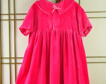 Vintage Girls Velvet Dress Hot Pink Handmade OOAK Short Sleeve Holiday Retro Costume Child Kids 12 to 14 Victorian Velveteen Bridal