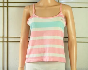 70s Vintage Tank Top Hang Ten Juniors Womens Pink White Blue Stripe Surfer Beach built in Bra Spaghetti Strap Sports Wear Teen Rare