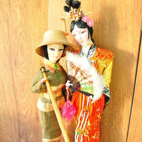 Vintage 70s 60s Oriental Asian Dolls Lot of 2 Set Destash Korea Thailand Japanese Geisha Colorful Costume Display Decor Collectible Figurine