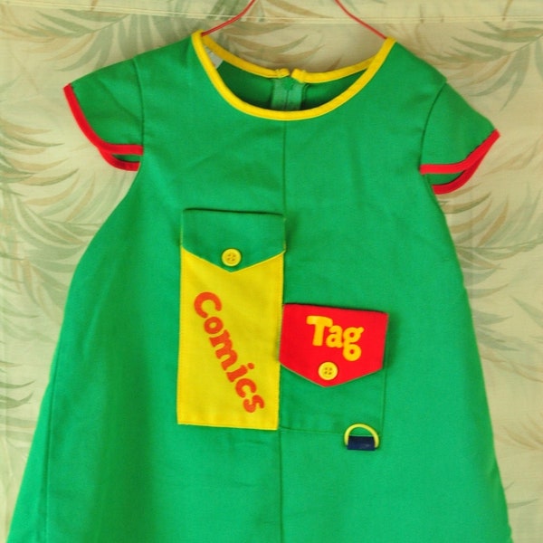 Vintage Girls Dress 70s Novelty Green Yellow Red Crayon colors Pocket Trim Decoration Sears size 5 Costume Pageant Perma Prest Kids