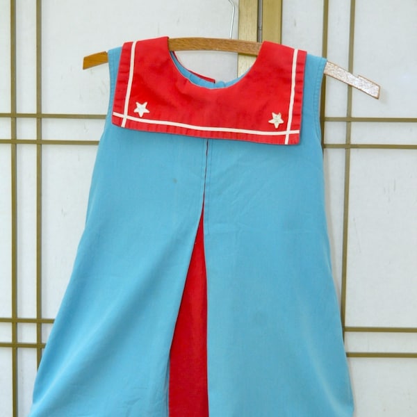 Vintage Girls Dress Nautical Theme Blue w/Red Collar & White Stars 70s does 20s Sailor Shirley Temple Costume Pageant size 8 King Kole Togs