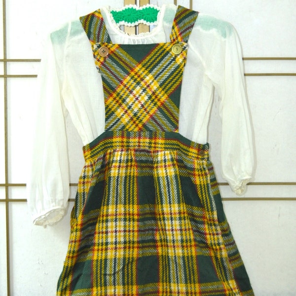 Vintage Girls 2 Piece Set Romper Handmade Yellow & Green Plaid Scooter Dress and White Sears Slip-Liner Childrens Play Set 70s Brady