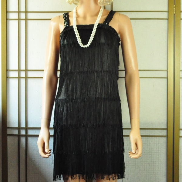 Vintage 90s Flapper Costume Black w/layers of Fringe Distressed As Is Womens Small w/Faux Pearl Necklace Retro 20s Halloween