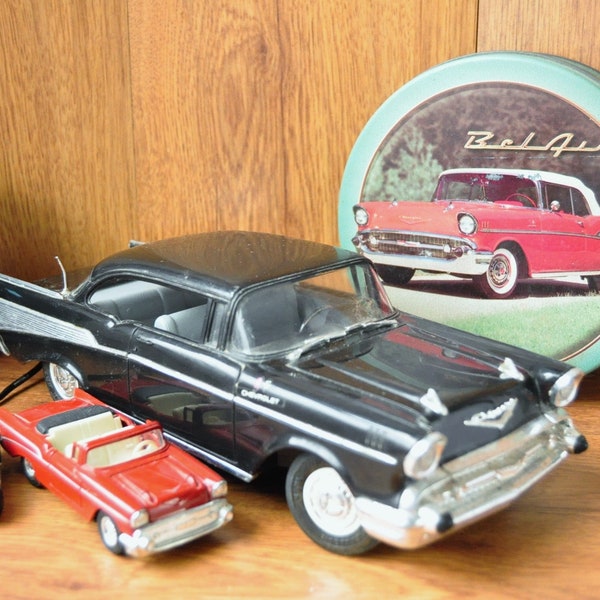 Vintage 1957 Chevy Belair Collection: RC Car + Metal Tin + 2 Small Cars Value Bundle 4 Pc Set Mancave Decor Toy Collectible GM Dad Gift