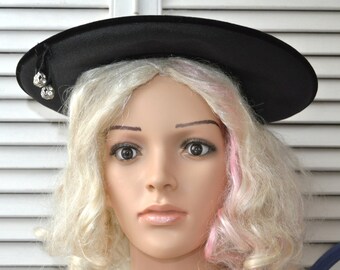 Vintage Womens Black Saucer Hat Velour & Rhinestone Trim 40s 50s 60s Mid Century Headband Fit School Girl Derby Costume Theater Cartwheel