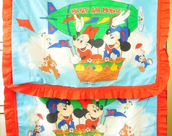 Vintage Mickey & Minnie Mouse Set of 2 Standard Pillowcases Walt Disney Productions Chip-n-Dale Jiminy Cricket Blue w/Red Ruffle Air Mobile