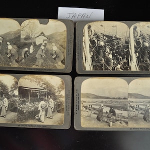 Antique Stereoscope cards Travel Japan Set of 4 B&W Photos Iris Gardens Yokohama Uji Tea Farm Tokio Display Decor AS IS vintage 1910s views