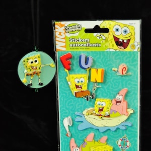 Vintage Sponge Bob Necklace & Puffy Stickers Destash Value Bundle Patrick Gary Nickelodeon Cartoon Character Childs Gift Y2K Cord Jewelry