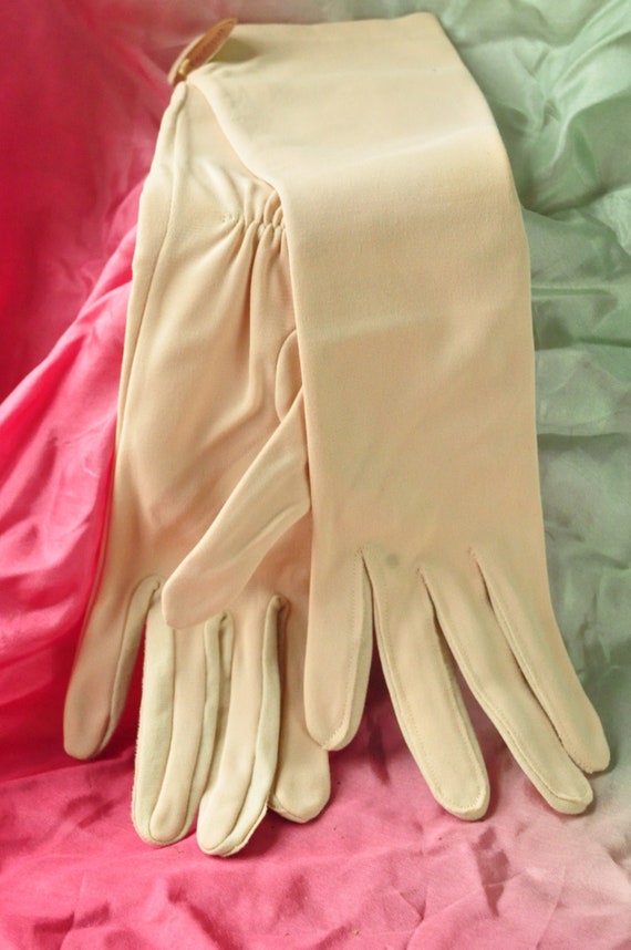 Vintage Womens Long Formal Gloves Buff-Beige Ruch… - image 2