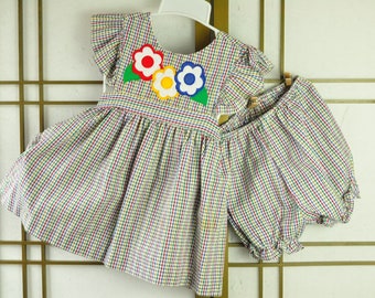 Vintage Girls Dress Multicolor Gingham size 3T w/Bloomers Romper Flower Applique Childrens Play Clothes Display 80s 90s Samara AS IS