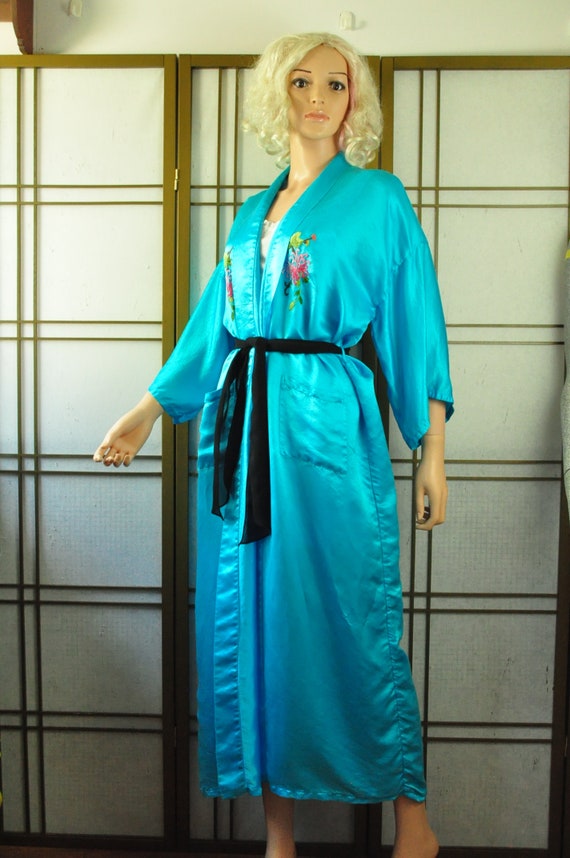 Vintage 90s Robe Kimono Mens Womens Turquoise Blue