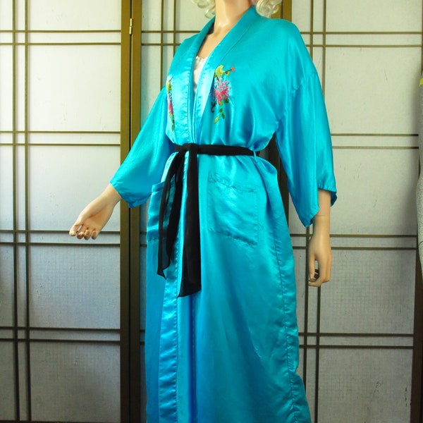 Vintage 90s Robe Kimono Mens Womens Turquoise Blue Embroidered Floral Golden Dragon Oriental Large Lingerie Lounge-Spa Full Length Costume