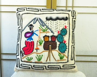 Vintage 60s Square Pillow Embroidered Bolivian Theme Woman Mountain Rain Cactus As Is Linen 70s Home Decor Animal Charity 14" x 14" Rare