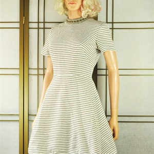 Vintage Women&#39;s 60s 70s Mod Fit n Flare Dress Brown and White Stripes Handmade OOAK Small Short Sleeve Costume Theater Juniors