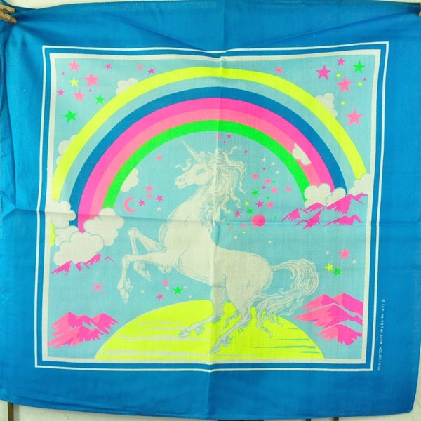 Vintage Unicorn Rainbow Stars Scarf Bandana Unhemmed Craft Square Fabric Handkerchief 80s Poly cotton USA Mountains Clouds Blue Border