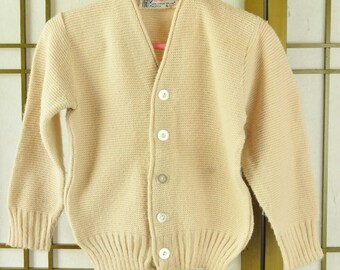 Vintage 50's 60s Button Front Sweater Boy Girl Childs Beige Orlon Acrylic Sock Hop Doo Wop Costume Pickwick size 4 Cardigan Long Sleeve