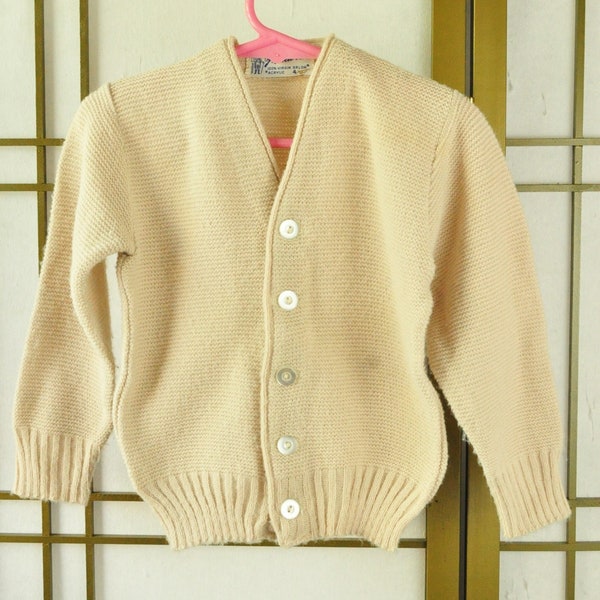 Vintage 50's 60s Button Front Sweater Boy Girl Childs Beige Orlon Acrylic Sock Hop Doo Wop Costume Pickwick size 4 Cardigan Long Sleeve