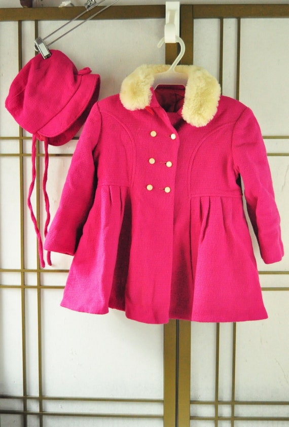 Vintage Toddler Girls Car Coat and Matching Cap/Bo