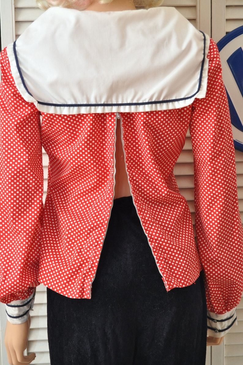 Vintage Women/'s Blouse Red /& White Polka DotsSailor Nautical Top ShirtRetro 40s 50s Theater Costume handmade OOAK Small Medium 70s Lucy 36