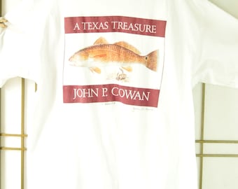 Vintage T-shirt 1988 A Texas Treasure John P. Cowan Redfish shirt Hanes Beefy T USA Medium-Large 42-44 Adult Unisex Men Women 80s Eighties