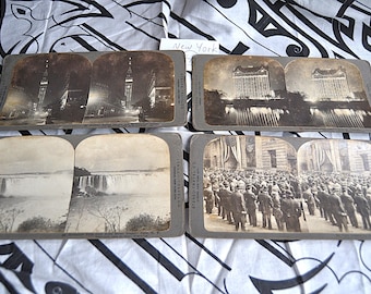 Antique Stereoscope cards New York USA Set of 4 B&W Photos Madison Square Garden The Plaza Niagara Falls Display Decor AS IS vintage 1900s