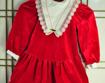 Vintage Girls Red Velvet Dress White Collar Lace Trim Christmas Valentine Holiday drop waist Costume Pageant Size 5 Pretty as a Picture