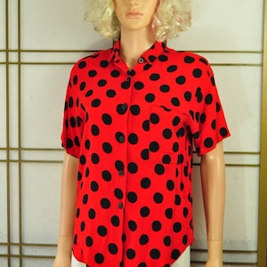 Vintage Red & Black Polka Dot Women&#39;s Shirt 80s does 50s Blouse Buttons Lolita Greaser Top Try 1 USA Costume Small Medium Distressed