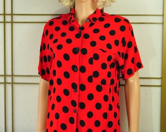 Vintage 80s does 50s Women's Blouse Red with Black Polka Dots & Buttons Lolita Greaser Top Shirt Try 1 USA Costume Small Medium Distressed