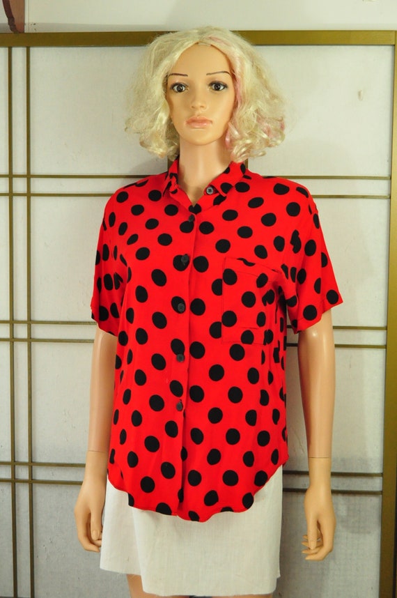 Vintage 80s does 50s Women's Blouse Red with Blac… - image 1