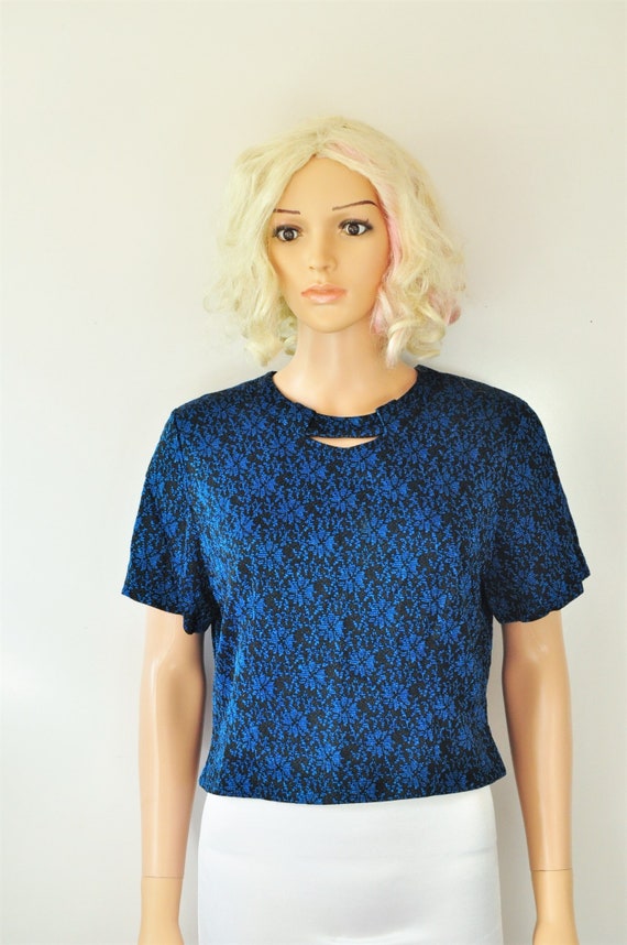 Vintage Womens 60s Blouse Metallic Thread Blue & … - image 1