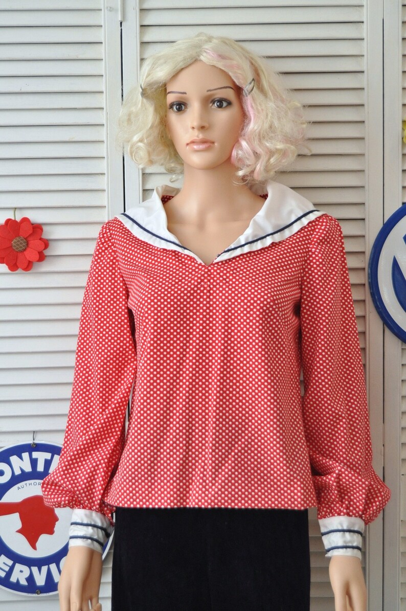 Vintage Women/'s Blouse Red /& White Polka DotsSailor Nautical Top ShirtRetro 40s 50s Theater Costume handmade OOAK Small Medium 70s Lucy 36