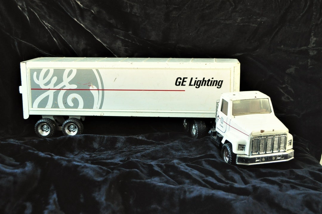 Vintage Metal Toy Semi Truck GE Lighting Cab & Trailer Distressed