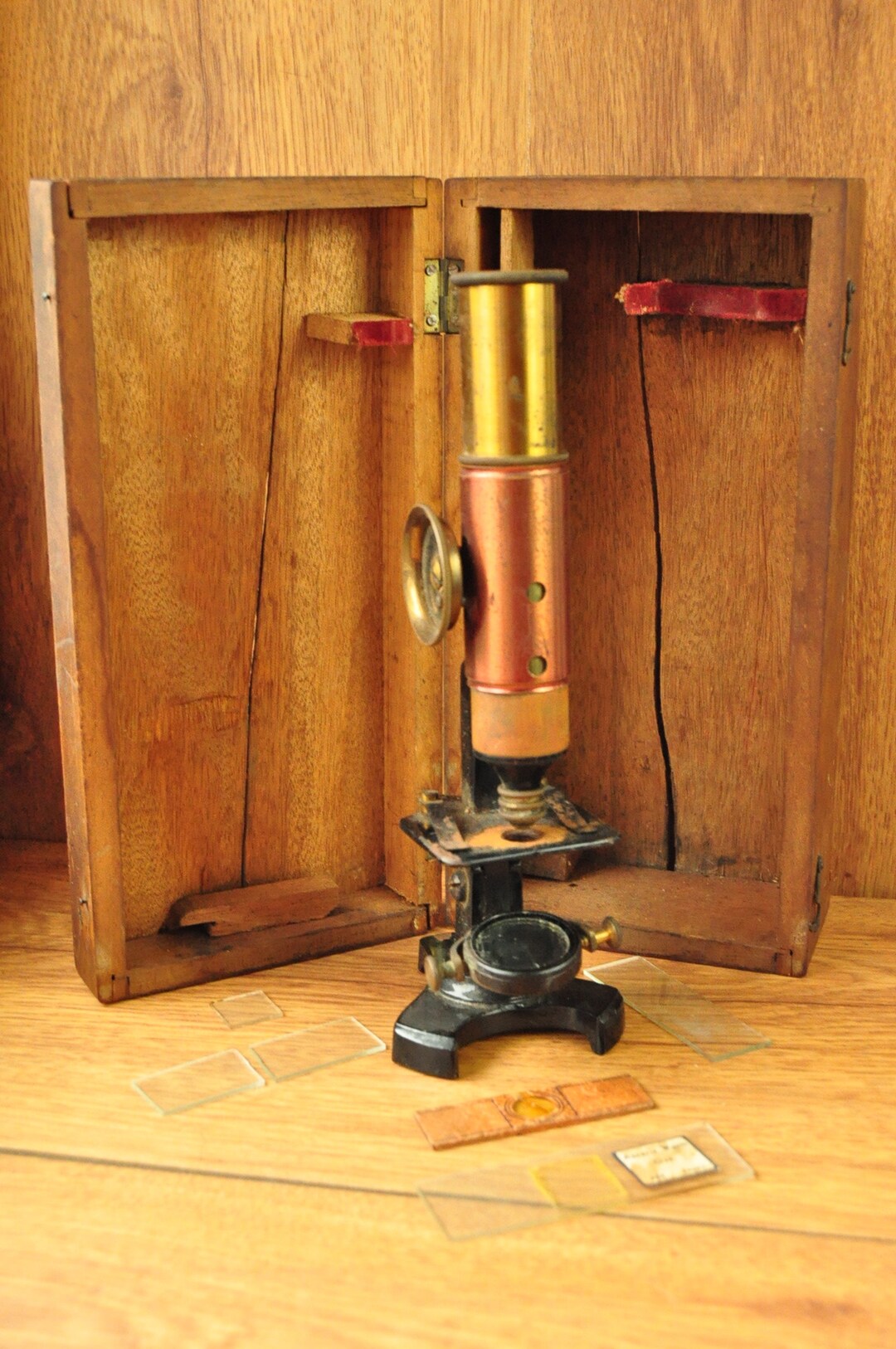 Antique Brass Microscope in Wooden Box Vintage Scientific Collectible