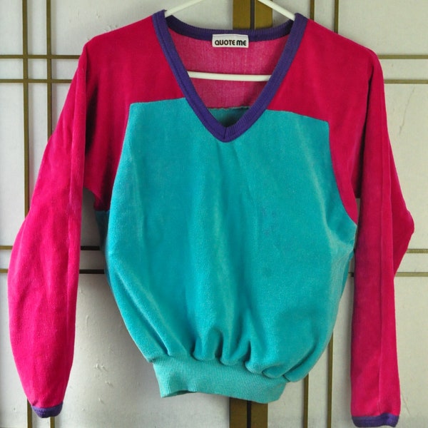 Vintage Womens Blouse 80s 90s Colorblock Shirt Velveteen Terry Top AS IS Teal Purple Fuschia Quote Me Long Sleeve Costume
